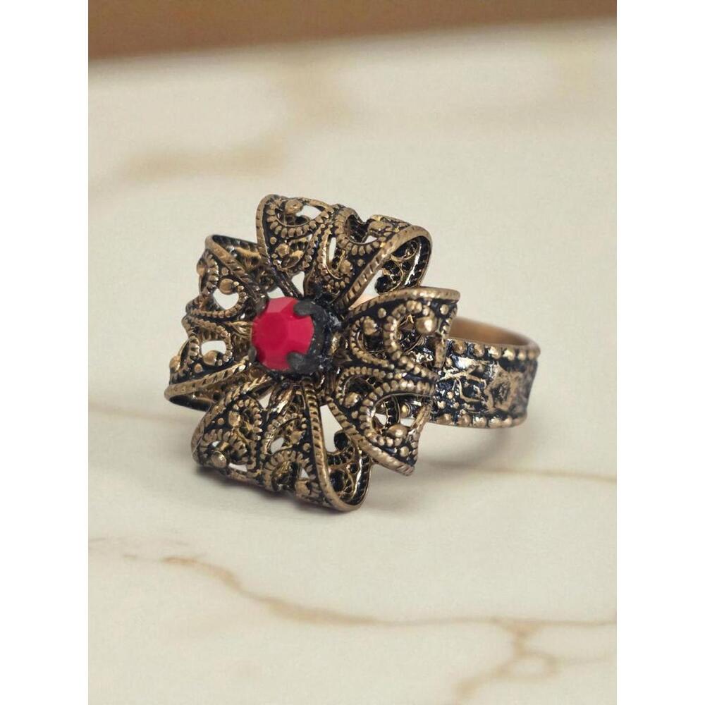 Vintage W. Germany Adjustable Ring – Red Glass Stone, Cross Design